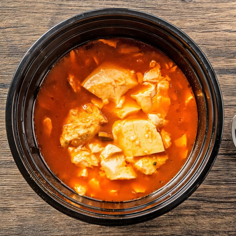 Overhead view of a black bowl filled with Korean sundubu-jjigae, a spicy tofu stew.