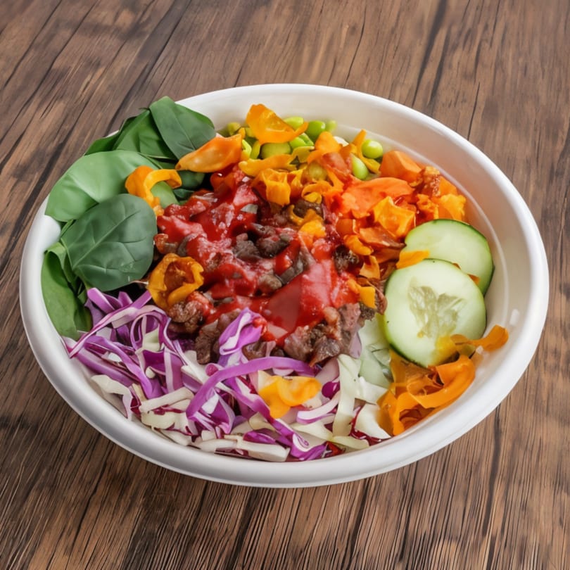 A Korean bulgogi bowl with beef, spinach, red cabbage, cucumbers, and orange peppers on a wooden table.